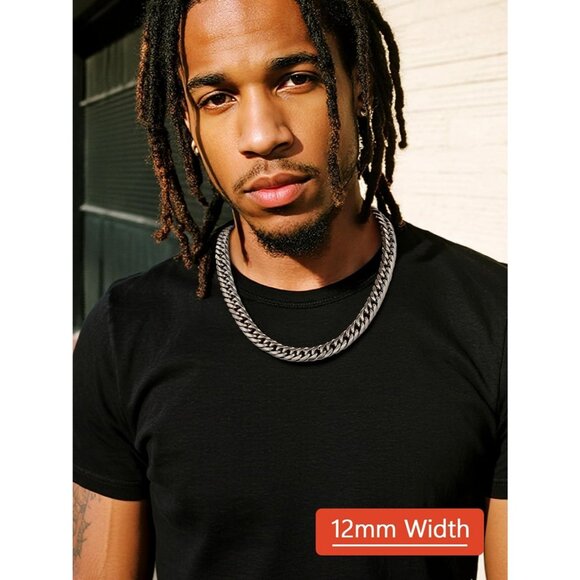 Men's 12mm Silver 14K Gold Plated Stainless Steel Miami Cuban Chain Necklaces - Picture 2 of 7